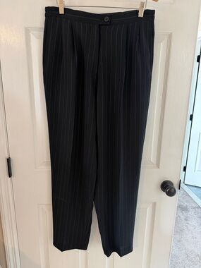 Classic Black Pinstripe Suit Trousers Size 12 straight leg Curvy Pleated Work